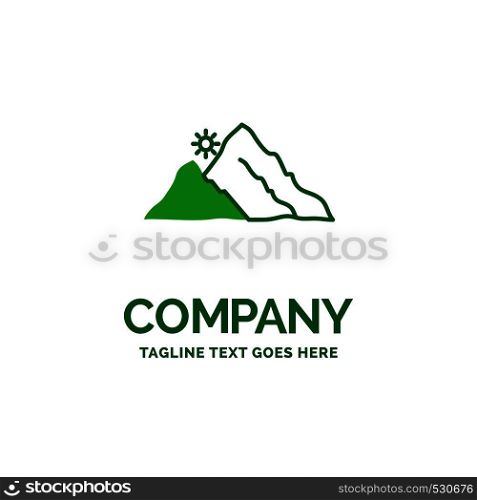mountain, landscape, hill, nature, sun Flat Business Logo template. Creative Green Brand Name Design.