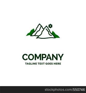 mountain, landscape, hill, nature, sun Flat Business Logo template. Creative Green Brand Name Design.