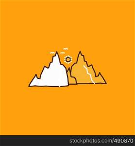 mountain, landscape, hill, nature, sun Flat Line Filled Icon. Beautiful Logo button over yellow background for UI and UX, website or mobile application. Vector EPS10 Abstract Template background