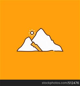 mountain, landscape, hill, nature, sun Flat Line Filled Icon. Beautiful Logo button over yellow background for UI and UX, website or mobile application. Vector EPS10 Abstract Template background
