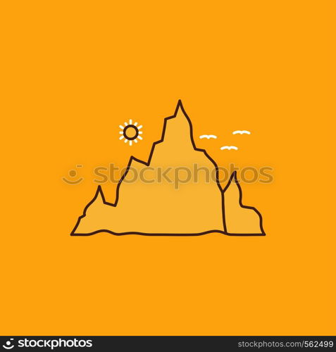 mountain, landscape, hill, nature, sun Flat Line Filled Icon. Beautiful Logo button over yellow background for UI and UX, website or mobile application. Vector EPS10 Abstract Template background