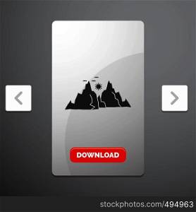 mountain, landscape, hill, nature, sun Glyph Icon in Carousal Pagination Slider Design & Red Download Button. Vector EPS10 Abstract Template background