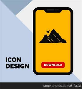 mountain, landscape, hill, nature, sun Glyph Icon in Mobile for Download Page. Yellow Background. Vector EPS10 Abstract Template background
