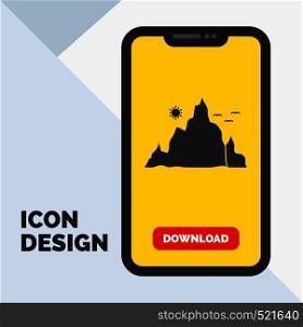 mountain, landscape, hill, nature, sun Glyph Icon in Mobile for Download Page. Yellow Background. Vector EPS10 Abstract Template background