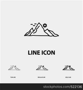 mountain, landscape, hill, nature, sun Icon in Thin, Regular and Bold Line Style. Vector illustration. Vector EPS10 Abstract Template background