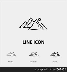 mountain, landscape, hill, nature, sun Icon in Thin, Regular and Bold Line Style. Vector illustration. Vector EPS10 Abstract Template background