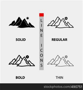 mountain, landscape, hill, nature, sun Icon in Thin, Regular, Bold Line and Glyph Style. Vector illustration. Vector EPS10 Abstract Template background