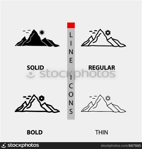 mountain, landscape, hill, nature, sun Icon in Thin, Regular, Bold Line and Glyph Style. Vector illustration. Vector EPS10 Abstract Template background
