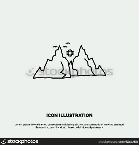 mountain, landscape, hill, nature, sun Icon. Line vector gray symbol for UI and UX, website or mobile application. Vector EPS10 Abstract Template background