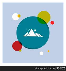 mountain, landscape, hill, nature, sun White Glyph Icon colorful Circle Background. Vector EPS10 Abstract Template background
