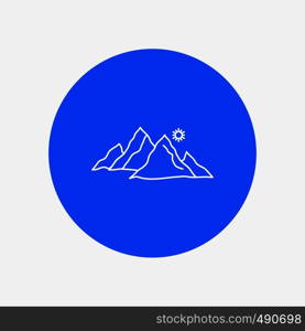 mountain, landscape, hill, nature, sun White Line Icon in Circle background. vector icon illustration. Vector EPS10 Abstract Template background