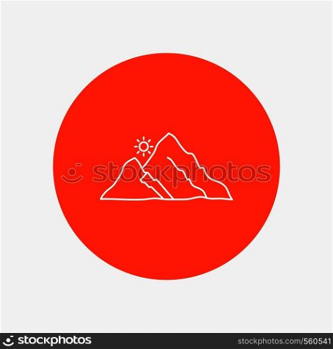 mountain, landscape, hill, nature, sun White Line Icon in Circle background. vector icon illustration. Vector EPS10 Abstract Template background
