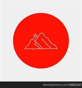 mountain, landscape, hill, nature, sun White Line Icon in Circle background. vector icon illustration. Vector EPS10 Abstract Template background