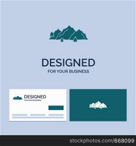 mountain, landscape, hill, nature, tree Business Logo Glyph Icon Symbol for your business. Turquoise Business Cards with Brand logo template.. Vector EPS10 Abstract Template background