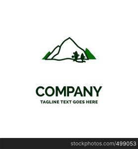 mountain, landscape, hill, nature, tree Flat Business Logo template. Creative Green Brand Name Design.