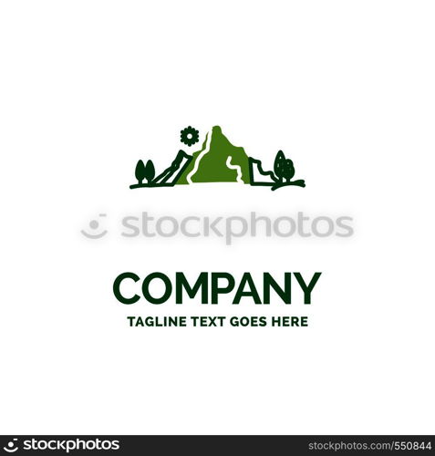 mountain, landscape, hill, nature, tree Flat Business Logo template. Creative Green Brand Name Design.