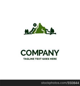 mountain, landscape, hill, nature, tree Flat Business Logo template. Creative Green Brand Name Design.