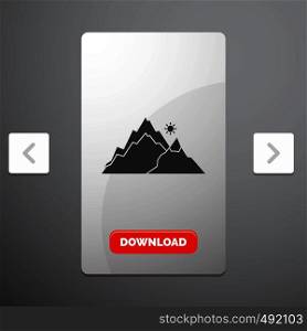mountain, landscape, hill, nature, tree Glyph Icon in Carousal Pagination Slider Design & Red Download Button. Vector EPS10 Abstract Template background