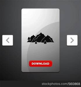 mountain, landscape, hill, nature, tree Glyph Icon in Carousal Pagination Slider Design & Red Download Button. Vector EPS10 Abstract Template background