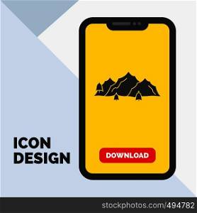 mountain, landscape, hill, nature, tree Glyph Icon in Mobile for Download Page. Yellow Background. Vector EPS10 Abstract Template background