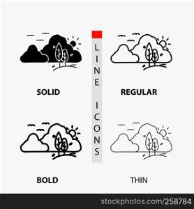 mountain, landscape, hill, nature, tree Icon in Thin, Regular, Bold Line and Glyph Style. Vector illustration