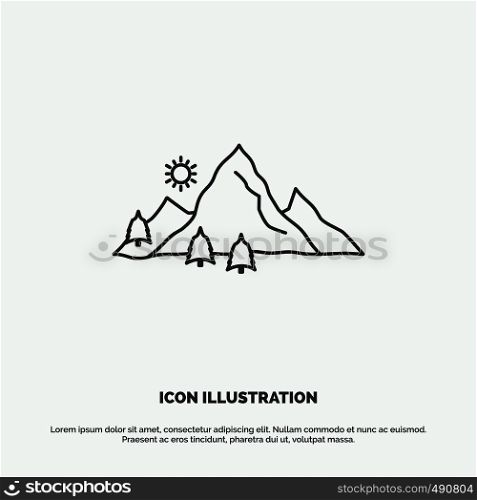mountain, landscape, hill, nature, tree Icon. Line vector gray symbol for UI and UX, website or mobile application. Vector EPS10 Abstract Template background