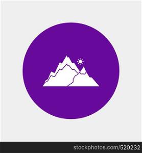 mountain, landscape, hill, nature, tree White Glyph Icon in Circle. Vector Button illustration. Vector EPS10 Abstract Template background