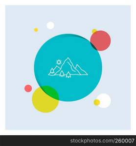 mountain, landscape, hill, nature, tree White Line Icon colorful Circle Background