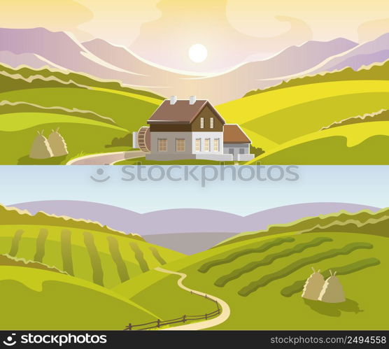 Mountain landscape horizontal banner set with crop on field and country house isolated vector illustration. Mountain Landscape Banner Set