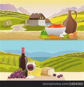 Mountain landscape horizontal banner set with wine and vegetables still life flat elements isolated vector illustration. Mountain Landscape Banner