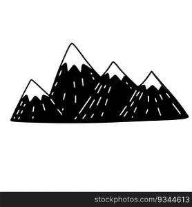 Mountain landscape in children doodle style. Rock ridge. Black and white illustration