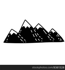 Mountain landscape in children doodle style. Rock ridge. Black and white illustration. Mountain landscape in children doodle style.