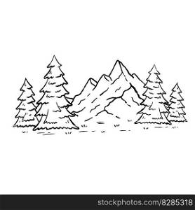 Mountain landscape in engraving style. Trees and forest. Natural scene. Winter season. Outline cartoon. Mountain landscape in engraving style