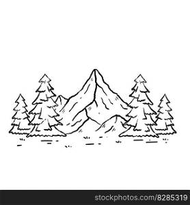 Mountain landscape in engraving style. Trees and forest. Natural scene. Winter season. Outline cartoon. Mountain landscape in engraving style