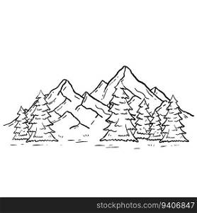 Mountain landscape in engraving style. Trees and forest. Natural scene. Winter season. Outline cartoon. Mountain landscape