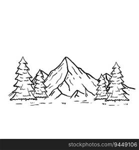 Mountain landscape in engraving style. Trees and forest. Natural scene. Winter season. Outline cartoon. Mountain landscape in engraving style.
