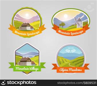 Mountain landscape label set with alpine meadows and village symbols isolated vector illustration. Mountain Landscape Label
