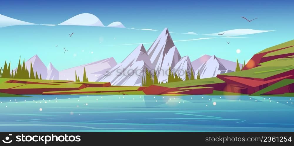 Mountain landscape, nature background with water pond, snowy peaks, green grass on rocks and conifers. Calm lake and spruces under blue sky with clouds, cartoon scenery view, Vector illustration. Mountain landscape, nature background with pond