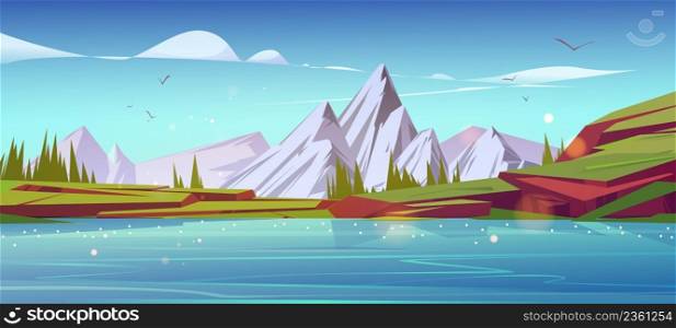Mountain landscape, nature background with water pond, snowy peaks, green grass on rocks and conifers. Calm lake and spruces under blue sky with clouds, cartoon scenery view, Vector illustration. Mountain landscape, nature background with pond