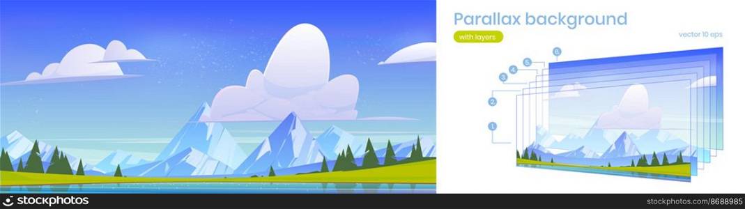 Mountain landscape, parallax nature 2d background. Rocky peaks, pond, green field and spruces under blue cloudy sky. Cartoon scenery view with separated layers for game scene, Vector illustration. Mountain landscape, parallax nature 2d background