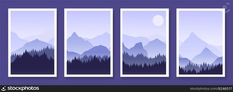 Mountain landscape posters. Magical cards with rocks silhouettes, moon and starry sky. Decorative abstract house decorations, vector background of illustration landscape background. Mountain landscape posters. Magical cards with rocks silhouettes, moon and starry sky. Decorative abstract house decorations, vector background