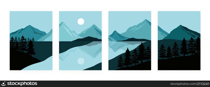 Mountain landscape posters. Single picture minimalistic night landscape with mountain lake and pine wood. Vector set illustrations creative style abstraction painting horizon. Mountain landscape posters. Single picture minimalistic night landscape with mountain lake and pine wood. Vector set
