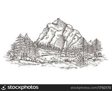 Mountain landscape sketch. Nature doodle drawing, valley panorama. Creative drawing hill, forest and rocks. Vintage vector illustration. Sketch landscape mountain, illustration graphic panorama doodle. Mountain landscape sketch. Nature doodle drawing, valley panorama. Creative drawing hill, forest and rocks. Vintage vector illustration