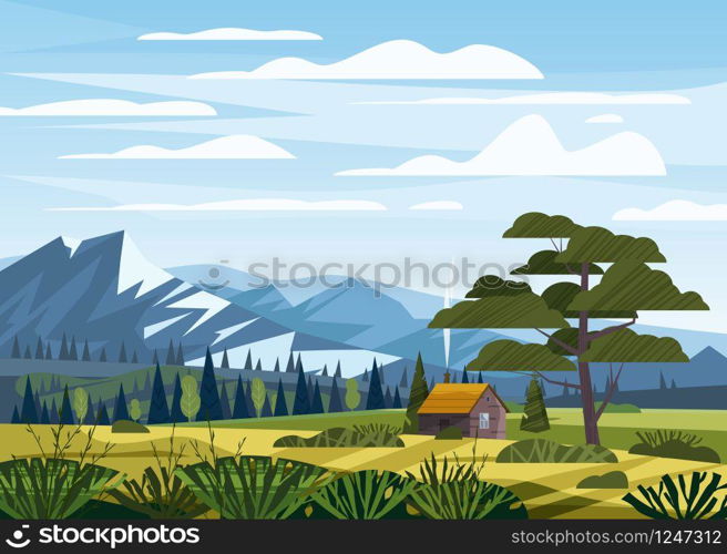 Mountain landscape valley rural countryside, green meadows with mountains. Mountain landscape valley rural countryside, farm house green meadows with mountains panorama horizon in trendy flat style and bright colors. Vector, illustration, isolated, baner, poster