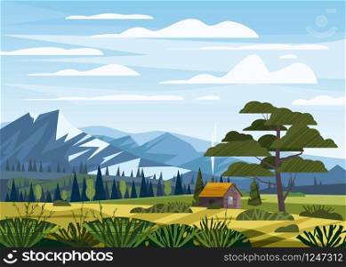 Mountain landscape valley rural countryside, green meadows with mountains. Mountain landscape valley rural countryside, farm house green meadows with mountains panorama horizon in trendy flat style and bright colors. Vector, illustration, isolated, baner, poster