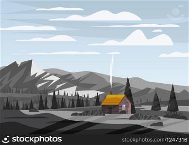 Mountain landscape valley rural countryside, green meadows with mountains. Mountain landscape valley rural countryside, farm house green meadows with mountains panorama horizon in trendy flat style and gray monochrome colour. Vector, illustration, isolated, baner, poster