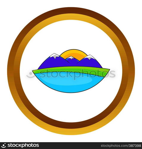 Mountain landscape vector icon in golden circle, cartoon style isolated on white background. Mountain landscape vector icon