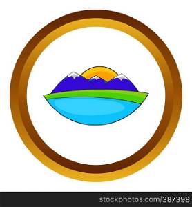 Mountain landscape vector icon in golden circle, cartoon style isolated on white background. Mountain landscape vector icon