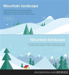 Mountain landscape vector web banners. Flat style. Set of horizontal illustrations with winter snow-covered mountains and spruces. Leisure on north nature. For mountain, ski resort landing page design. Mountain Landscape Vector Flat Design Web Banners. Mountain Landscape Vector Flat Design Web Banners