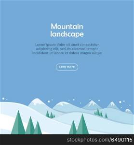 Mountain Landscape Web Banner. Skiing Scinery. Mountain landscape web banner. Skiing scenery design. Extreme hills in snowy outdoor high mountains. Sport season environment. Winter holiday resort activity. Blue sky and crystal white snow. Vector